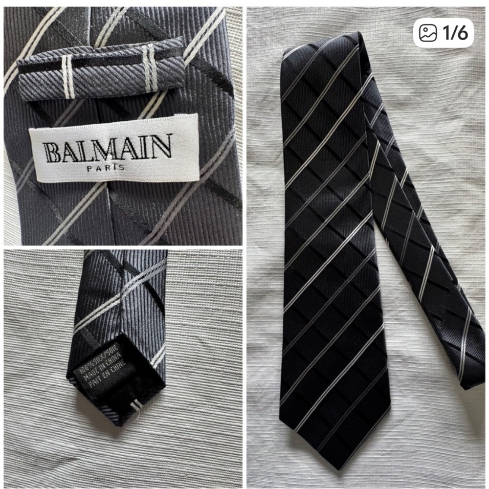 Balmain Black and Gray Striped Silk Tie